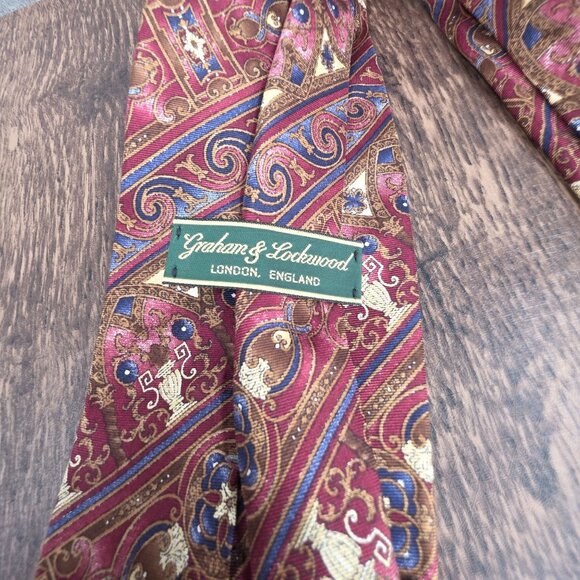 Graham Lockwood Tie Silk Red Colorful Gift Preppy Rococo Ornate Artsy Corpcore - Picture 2 of 12